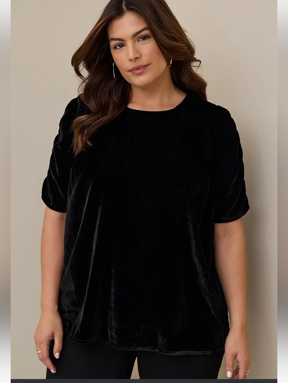 Torrid Womens 3X Black Velvet Ruched Sleeve Top Classic Holiday Office NWT